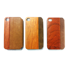 Handmade Natural Hard Wood & Luxury PU Leather Flip Cover Folio Case for Iphone4/4S